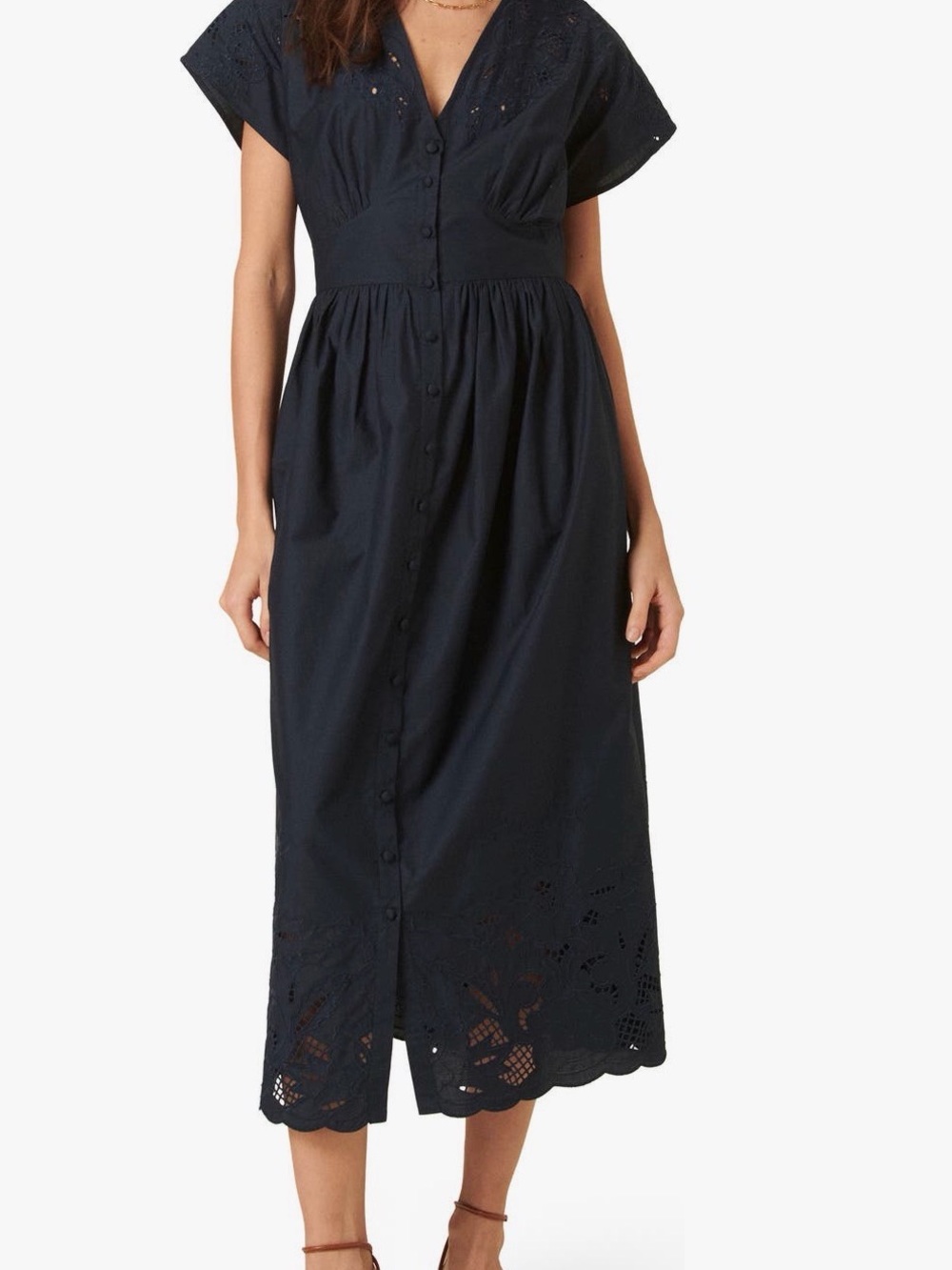 100% Cotton Navy Eyelet Midi Dress with Floral Cutouts